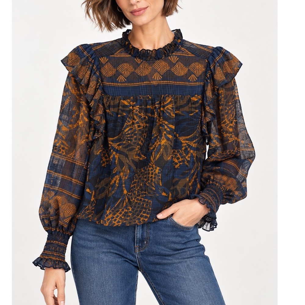 MARIE OLIVER Navy Gold Boho Coastal Cowgirl Romantic Ruffle Blouse Smocked XS